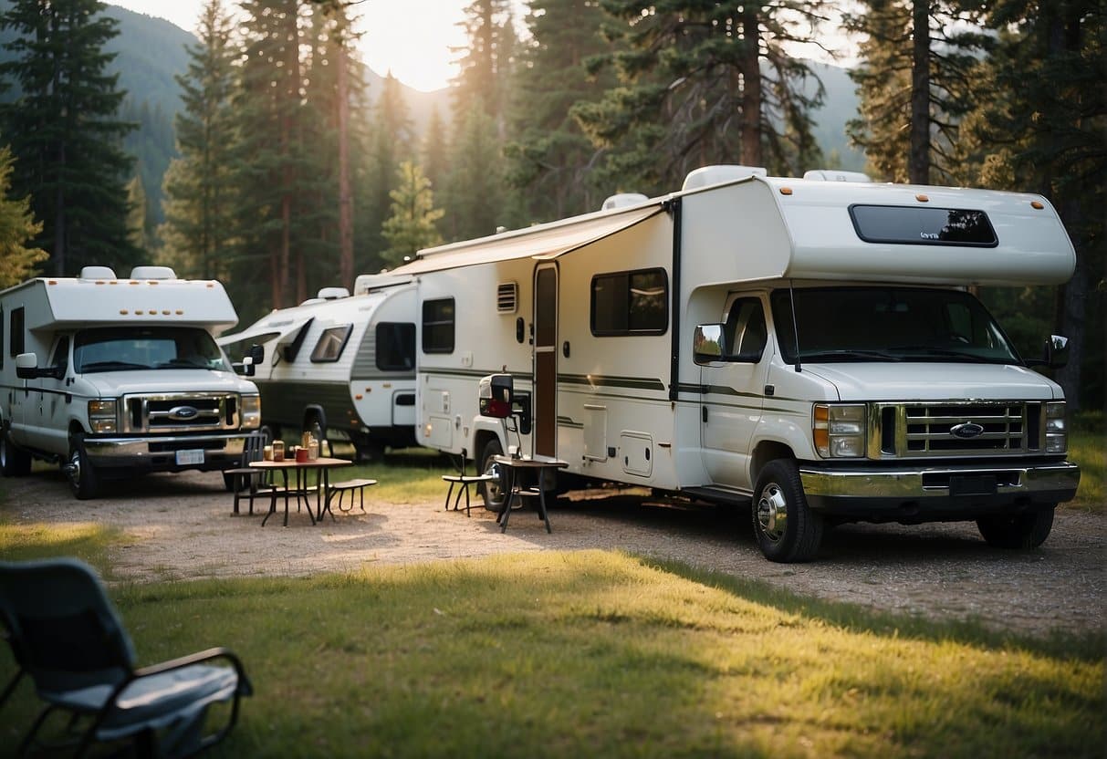A variety of campers and RVs displayed with camping gear and accessories
