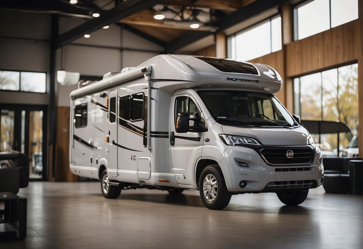 Step-by-step guide for renting a motorhome. Include a motorhome rental office with a customer service desk, rental forms, and a display of available motorhomes