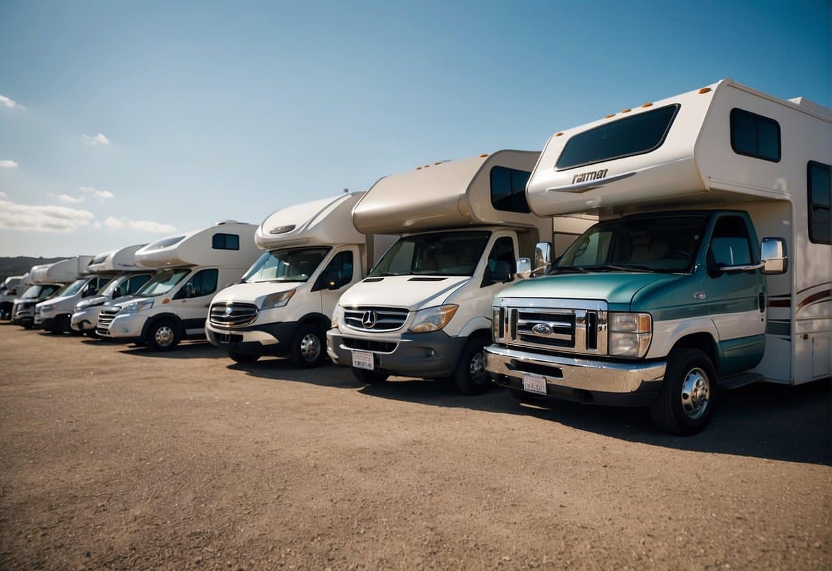 A variety of RVs parked in a row, including motorhomes, campervans, and trailers. Each vehicle is unique in size, shape, and color