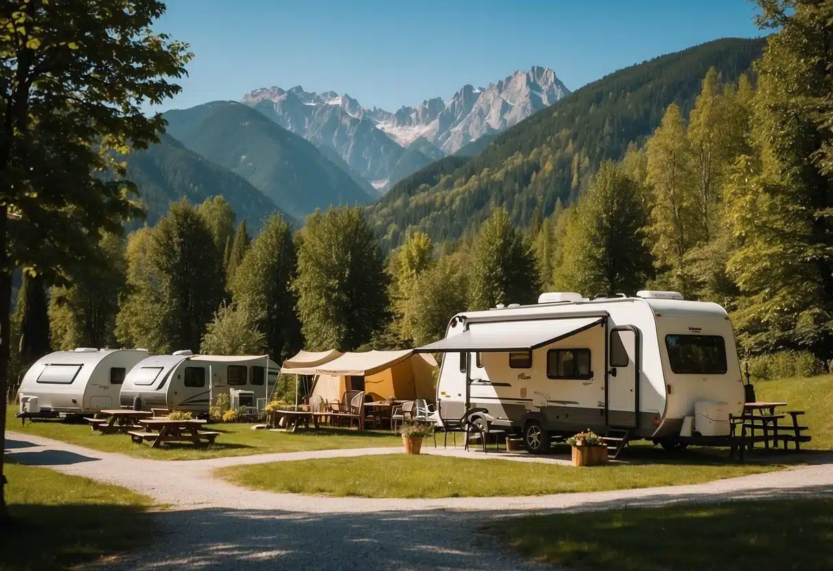 Camping in Kössen: Unvergessliche Abenteuer und Naturerlebnisse 2 A scenic campground in Kössen, Austria with various dining options and amenities. Mountains and forests surround the area, creating a tranquil atmosphere for camping
