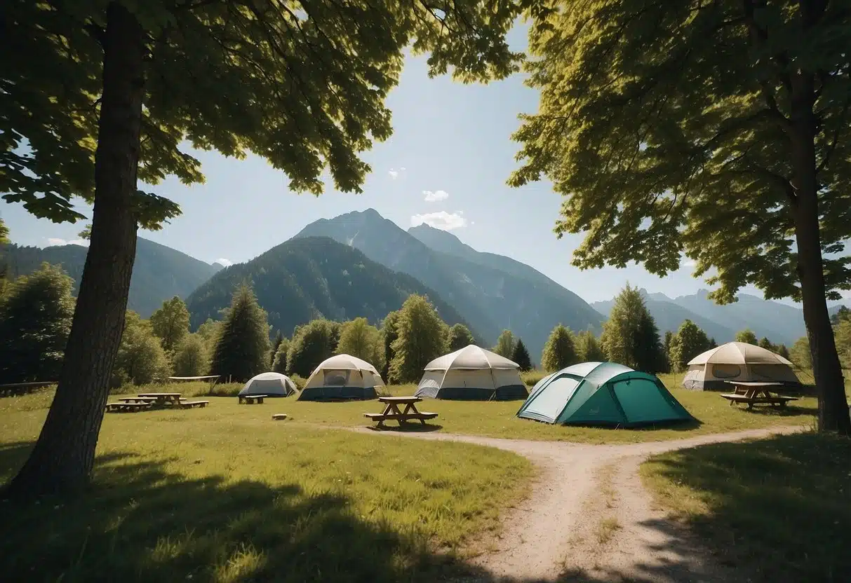 Camping in Kössen: Unvergessliche Abenteuer und Naturerlebnisse 1 A serene campsite in Kössen, Austria with lush greenery, a clear blue sky, and a peaceful mountain backdrop