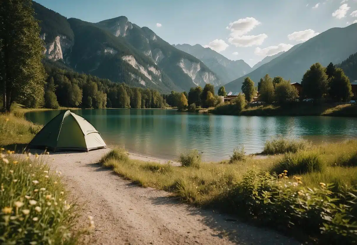 Camping in Kössen: Unvergessliche Abenteuer und Naturerlebnisse 6 A serene camping scene in Kössen, Austria, with lush greenery, a tranquil lake, and cozy campsites nestled among the mountains