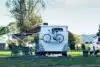 RV caravan with bike on the back camping at the caravan park
