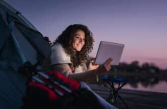 Woman camping by the lake