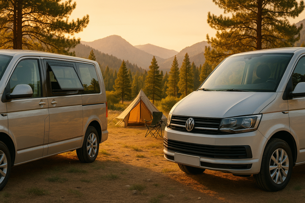 T5 Schiebefenster & T6 Schiebefenster im Vergleich: Die besten Tipps für deinen VW Bulli 🚐 2 VW T5 & T6 Camper bei Sonnenuntergang auf Campingplatz in den Bergen – Fokus auf Schiebefenster, Naturkulisse & entspannte Camping-Atmosphäre.