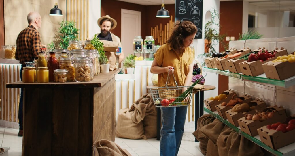 Veganer Campingführer für Familien: 12 Tipps für den perfekten pflanzlichen Outdoor-Trip 3 Eco supermarket bustling with clients