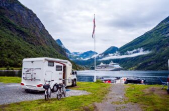 Geiranger fjord, Norway. Family vacation travel RV, holiday trip