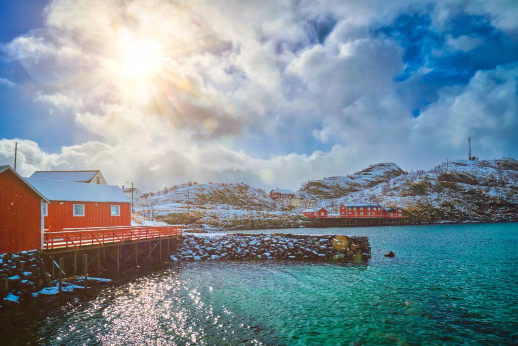 Red rorbu houses, Lofoten islands, Norway