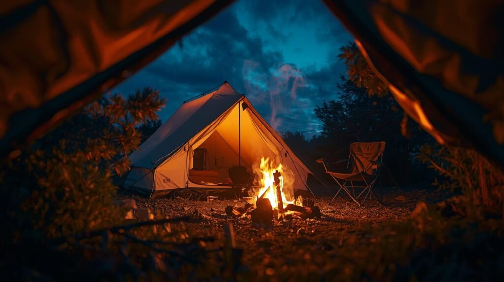 Gemuetlicher Stellplatz mit Zelt Camping Stuhl und Lagerfeuer in der Daemmerung 1 - Camping Check